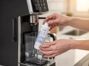 Uśmiechnięta kobieta czyści basen siatką, prezentując idealnie przejrzystą i błękitną wodę w słonecznym ogrodzie.